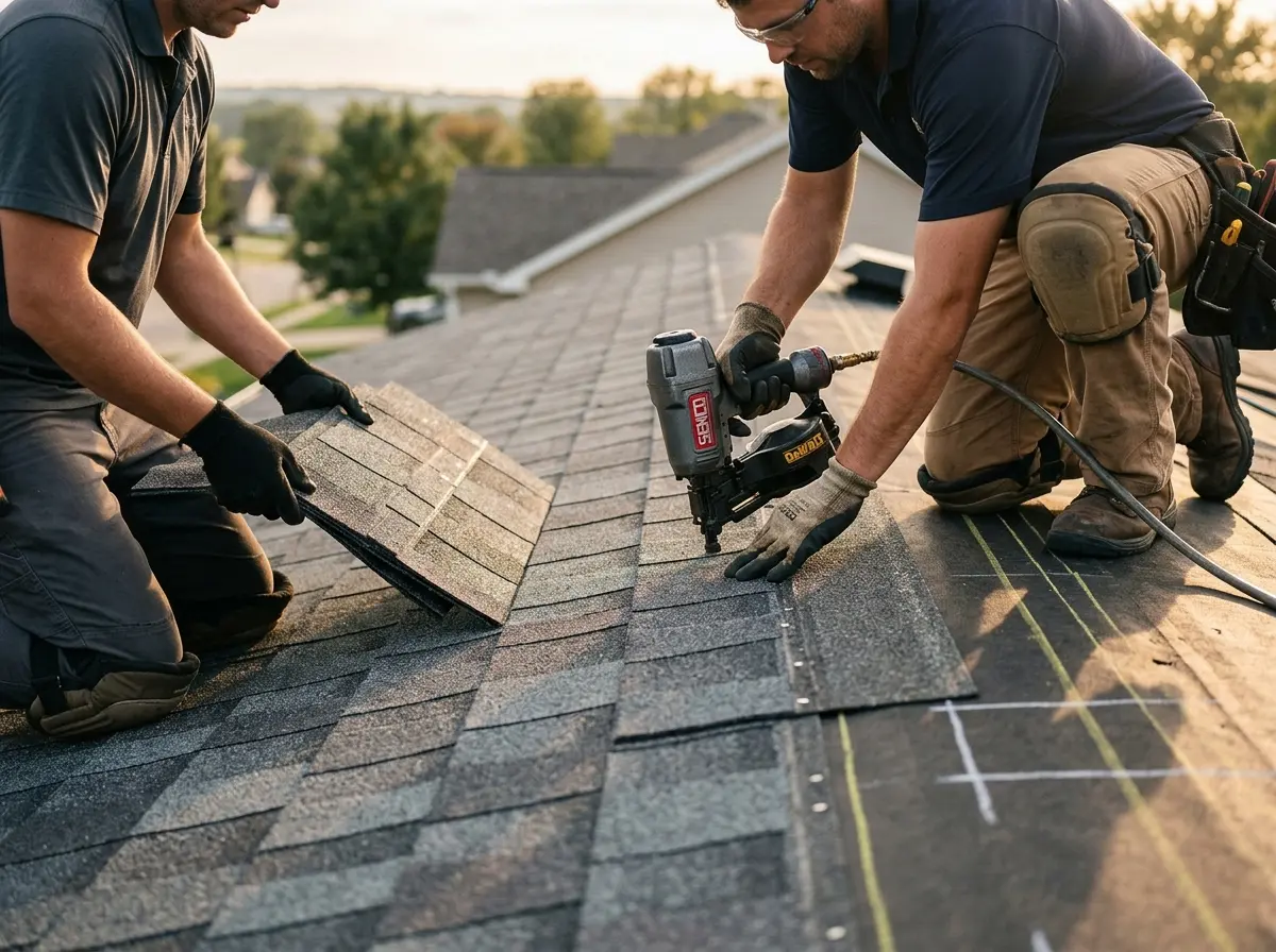 Professional roofer working on a residential roof in Pikesville
